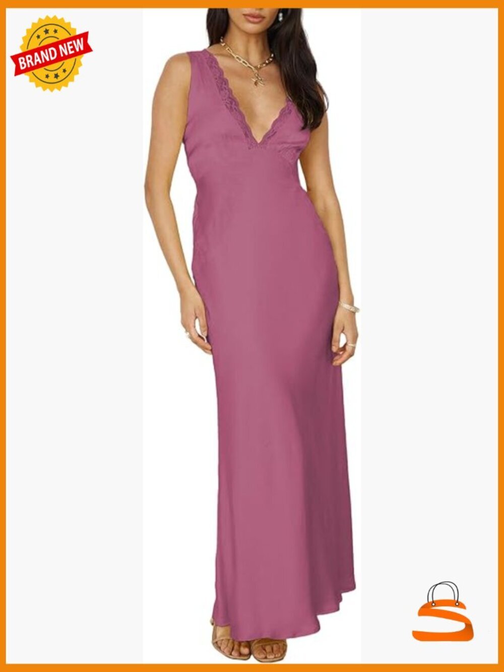 Satin Lace V-Neck Sleeveless Maxi Dress for Women Elegant Open Back